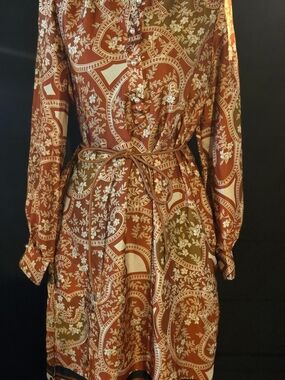 1. State Rust and Olive Paisley Midi Dress with Waist Tie